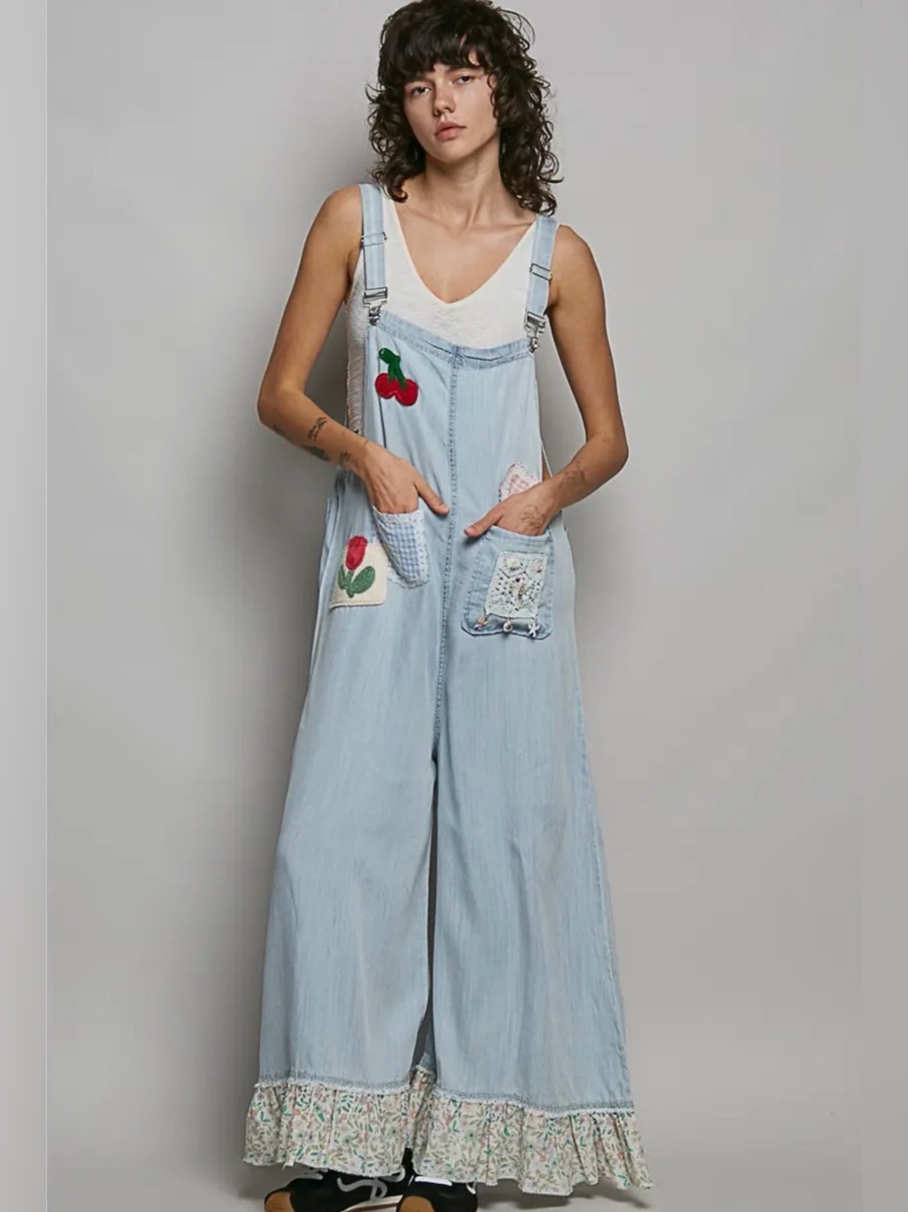 POL Light Blue Patchwork Wide-Leg Denim Overalls - Picture 3 of 13